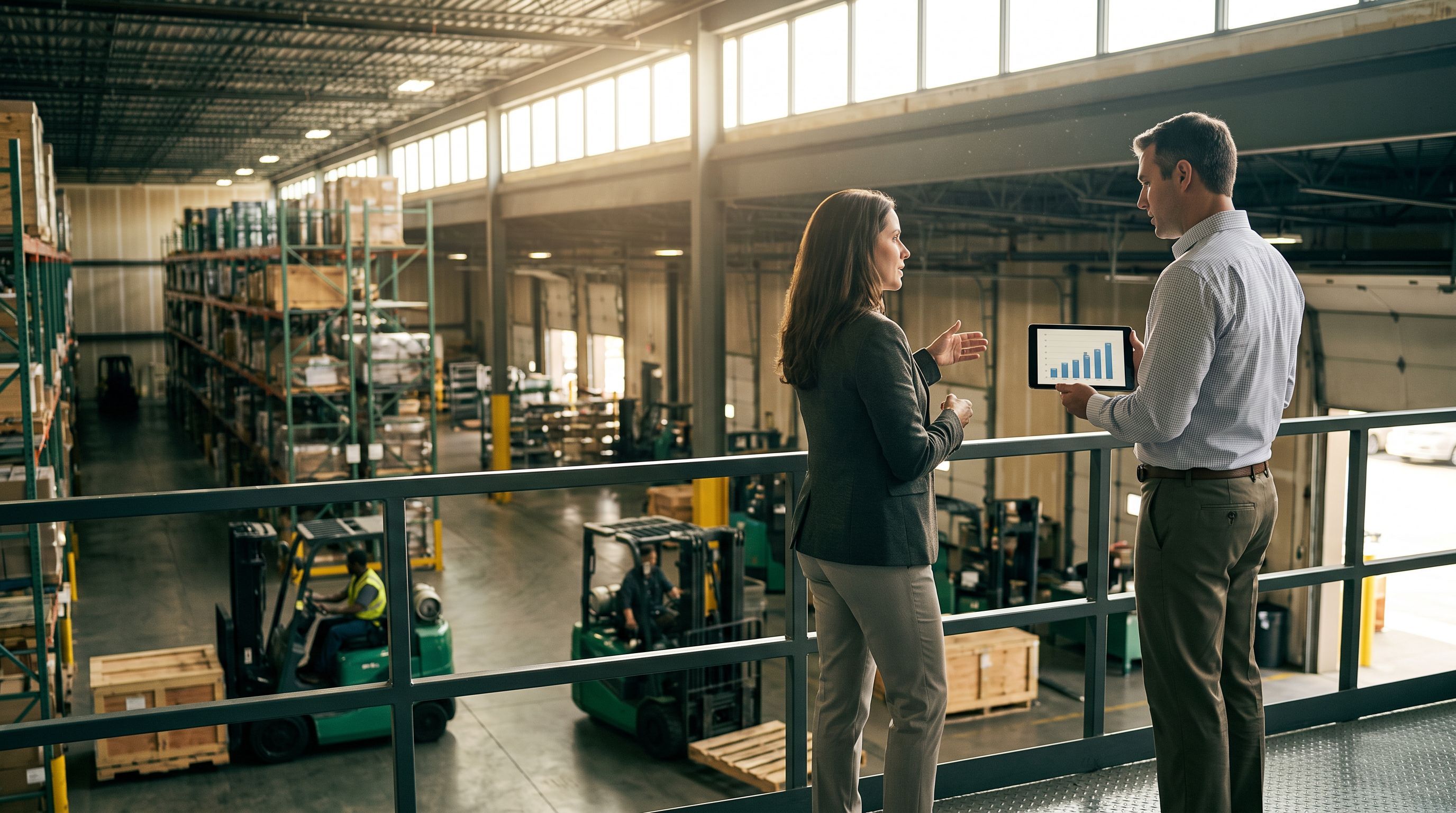 Two industrial real estate brokers reviewing data on a tablet inside a distribution warehouse