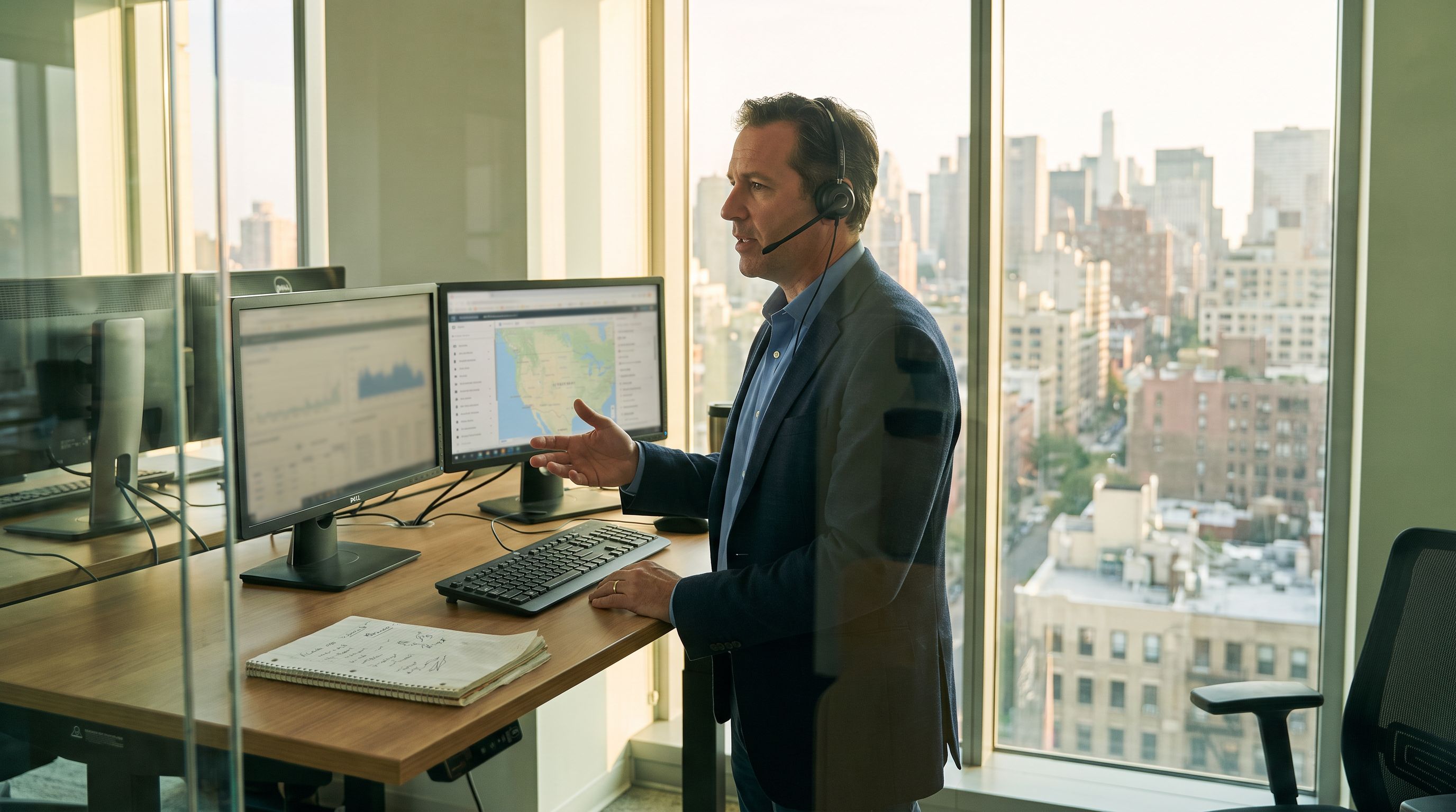 Commercial real estate broker on a headset calling property owners with CRM and property data on screen