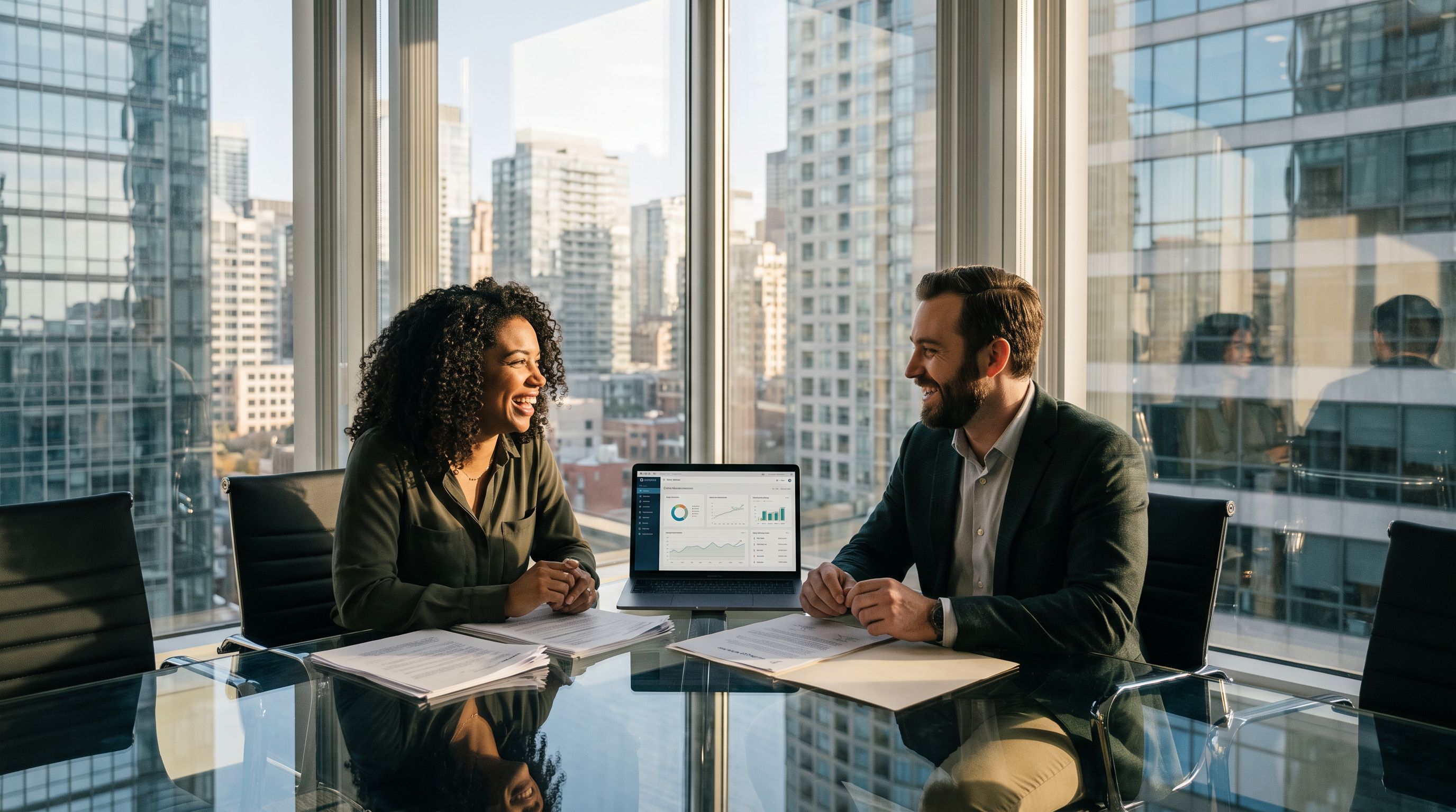 Brokerage operations manager onboarding a new commercial real estate broker at a conference table with a laptop and contact lists