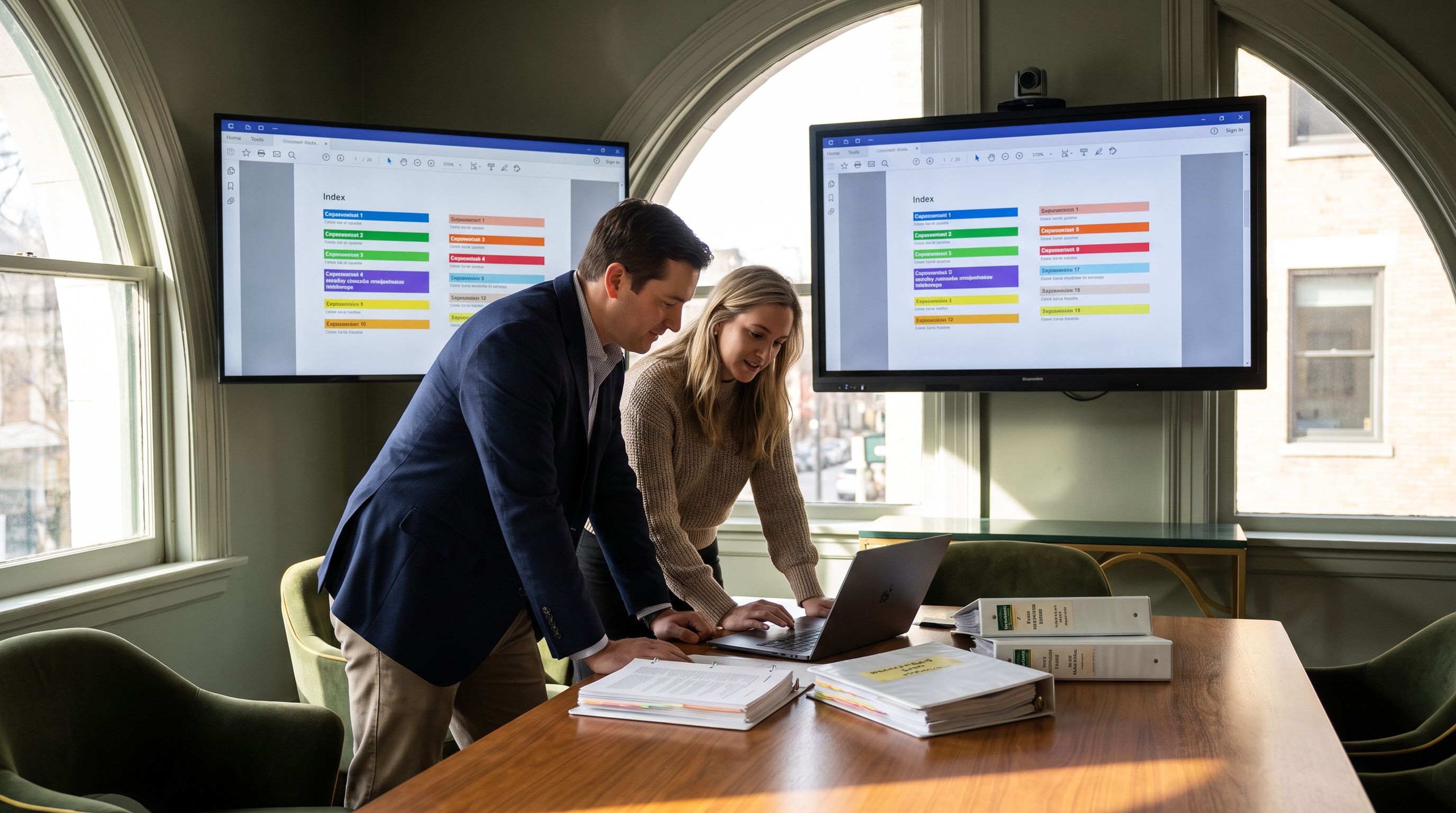 Commercial real estate broker and operations analyst reviewing a document index on a monitor beside stacks of lease files