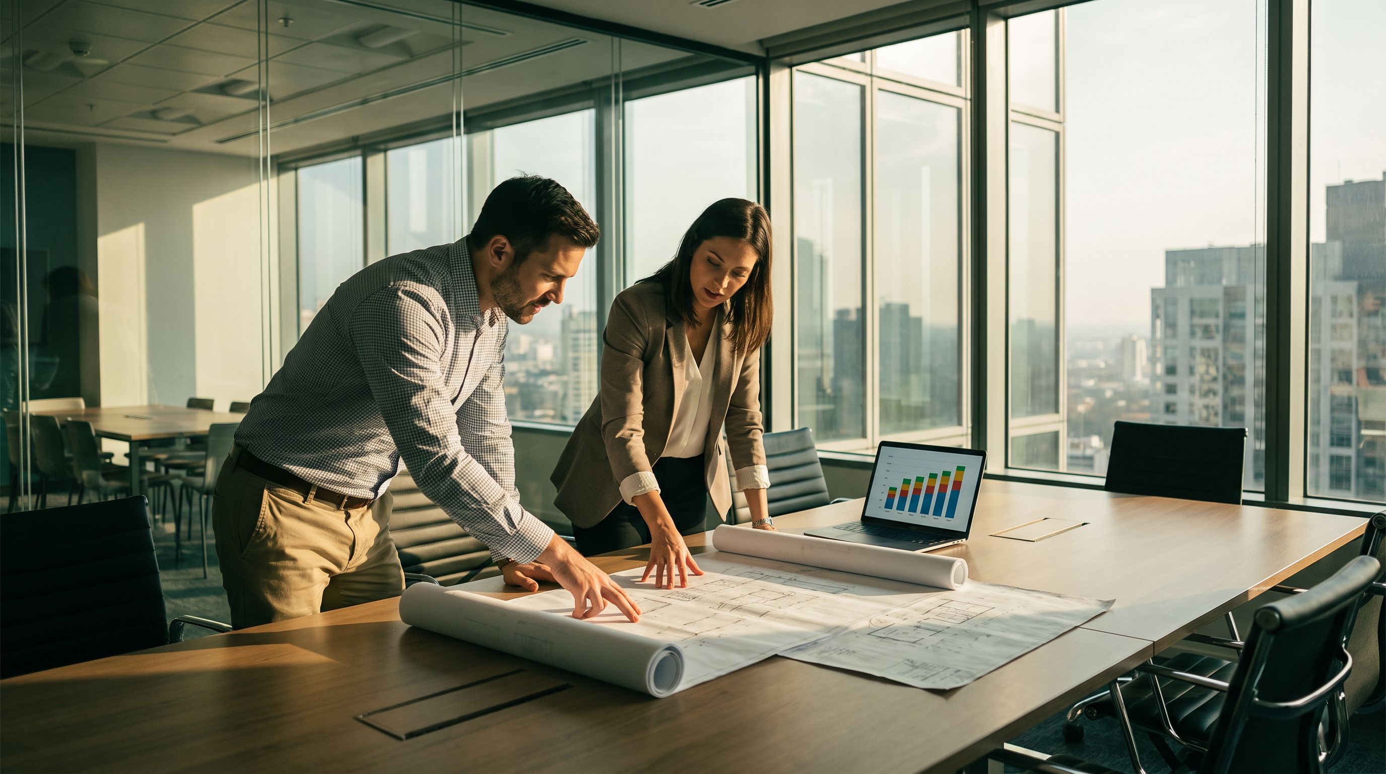 Brokers reviewing printed office floor plans and a stacking diagram in a high-rise conference room