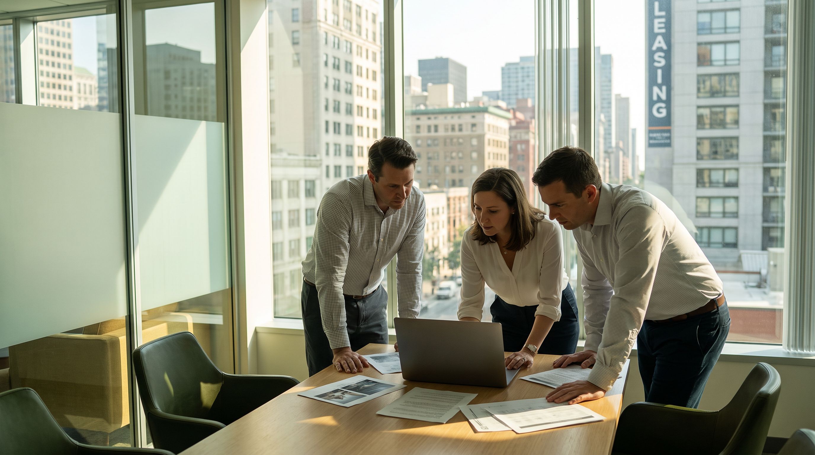 CRE brokers and an operations manager reviewing an exclusive listing agreement on a laptop in a modern office