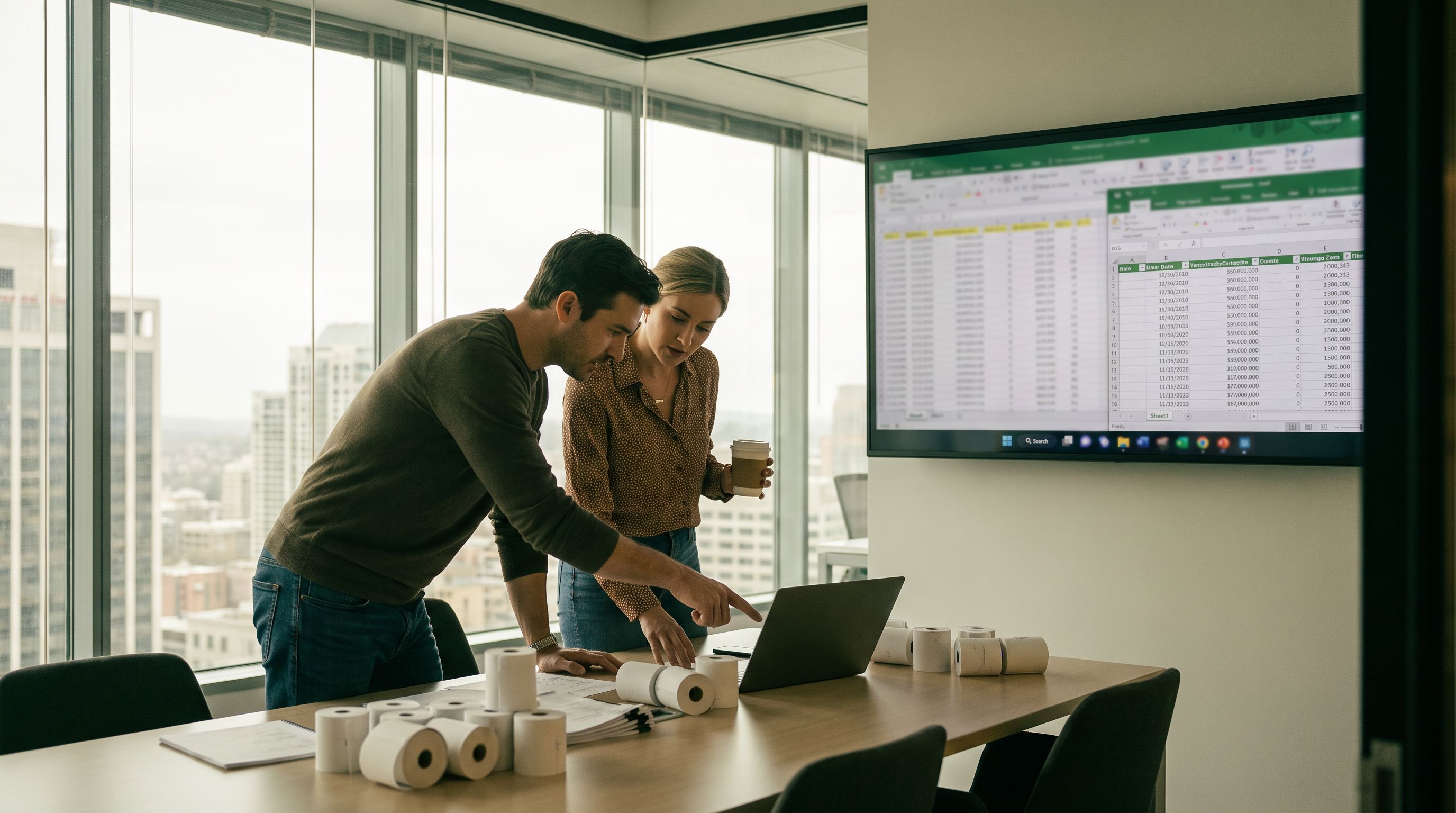CRE brokers reviewing a loan maturity watchlist on a monitor in a brokerage office
