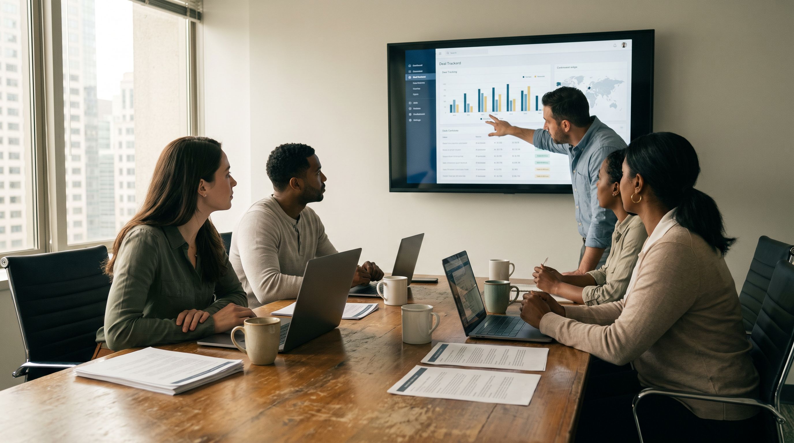 Commercial real estate brokers reviewing a deal pipeline on a screen during a weekly team meeting