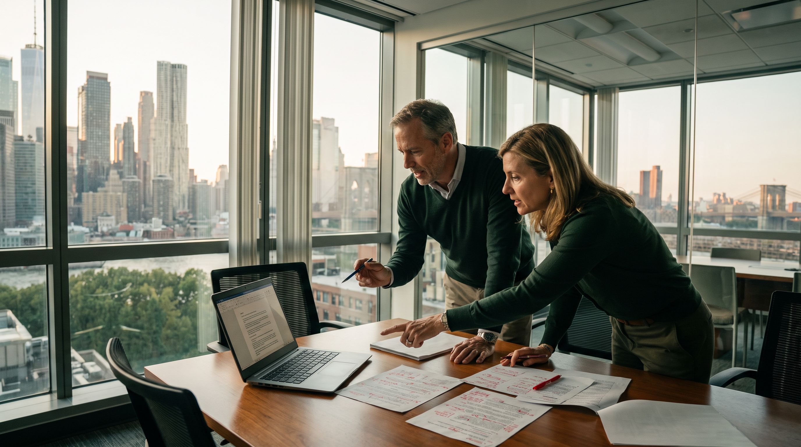 Commercial real estate brokers reviewing a redlined purchase and sale agreement on a laptop in a conference room