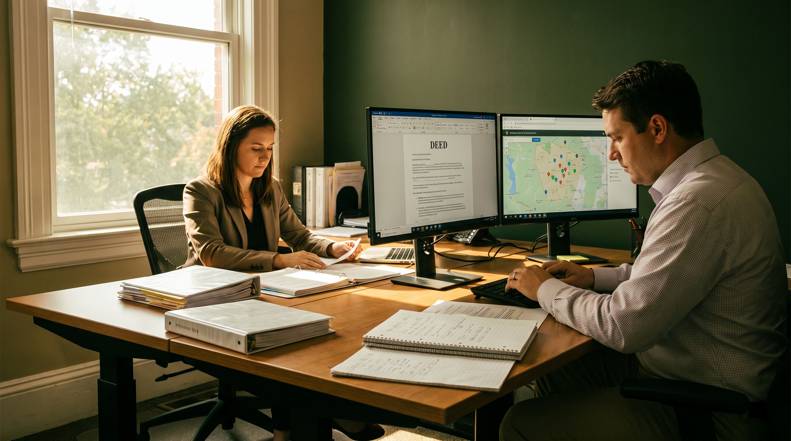 Two CRE brokers reviewing a county deed document and a comparable sales map on dual monitors