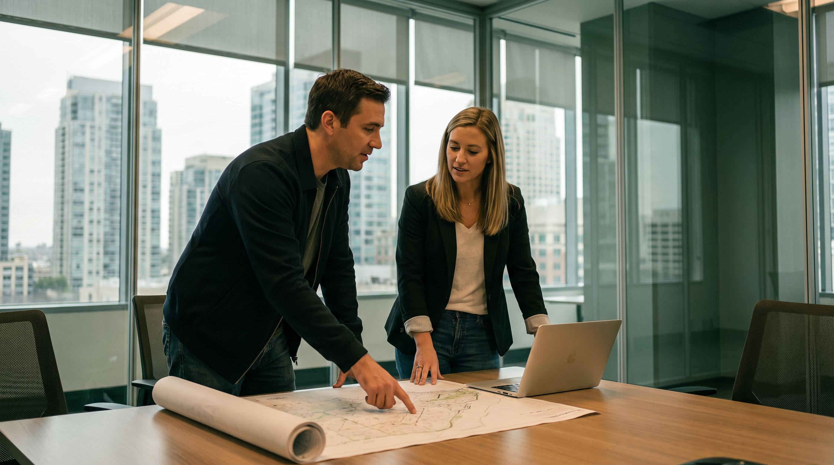 Commercial real estate brokers reviewing a land title survey and title commitment documents in a conference room