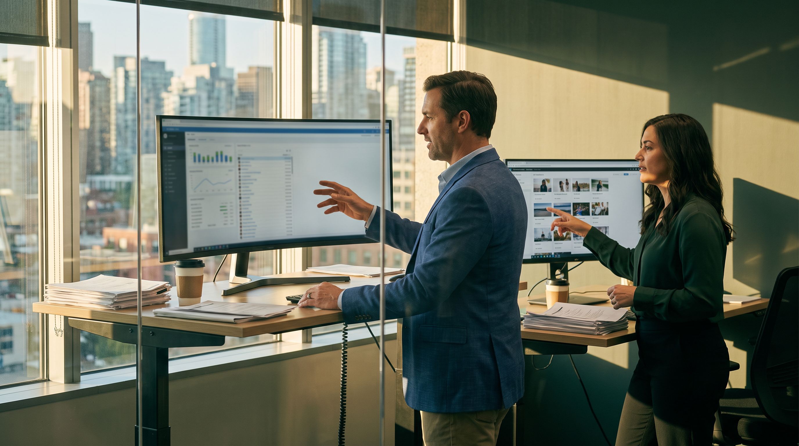 Two commercial real estate professionals reviewing email and deal pipeline screens in a glass-walled office