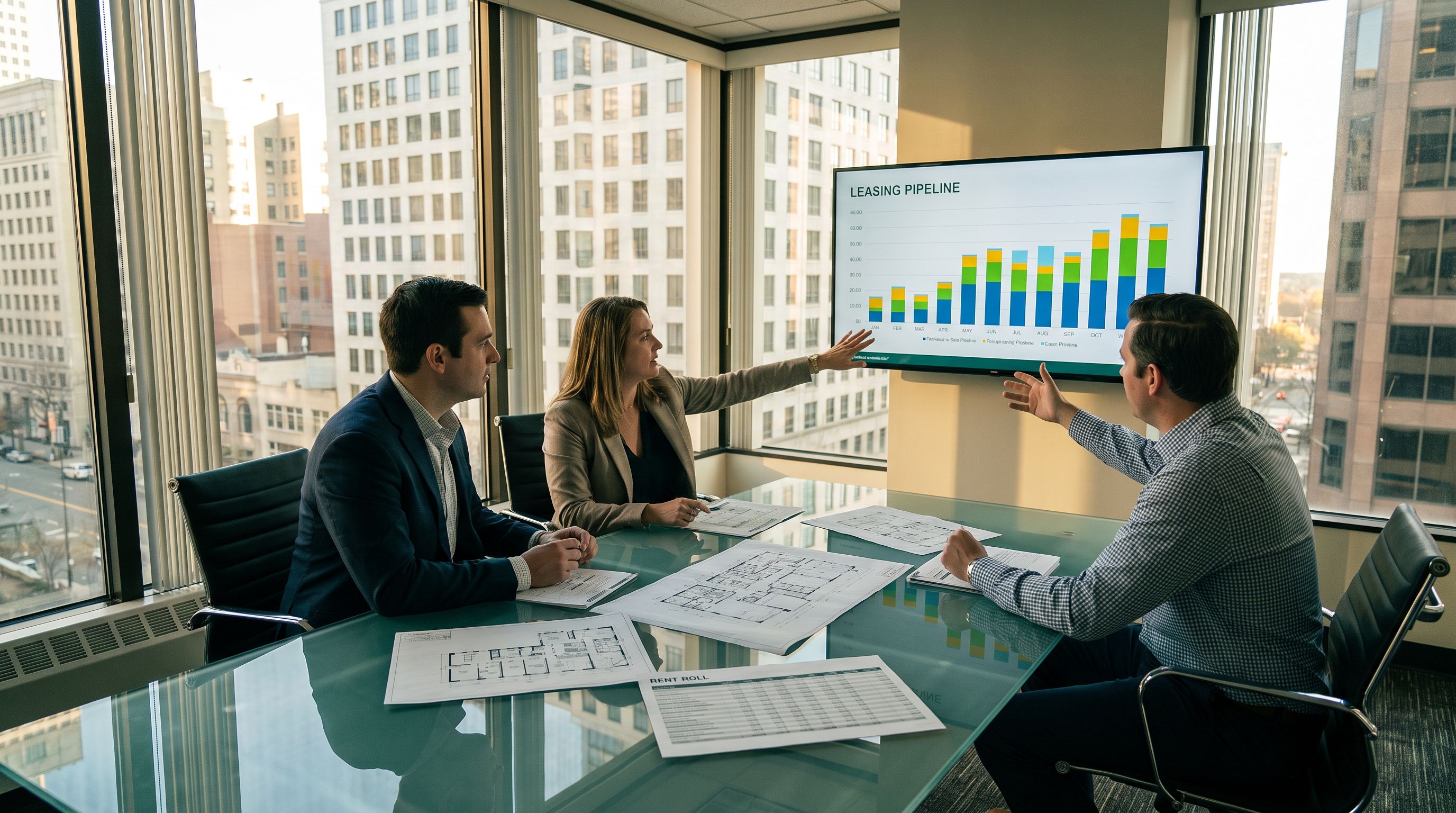 CRE brokers and an operations manager reviewing a deal pipeline on a monitor in a downtown office
