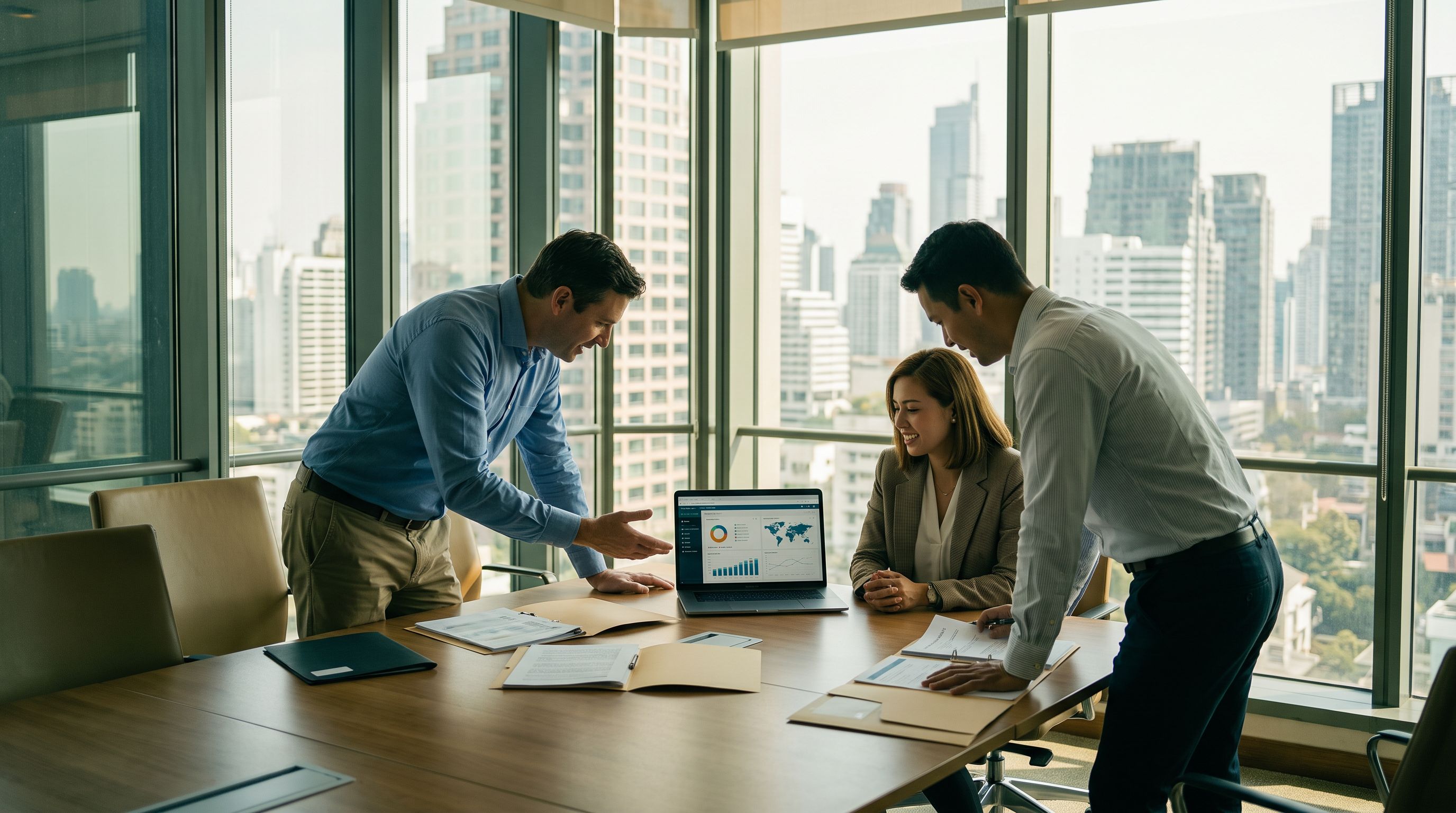 Commercial real estate brokers reviewing deal documents and a pipeline dashboard on a laptop in a conference room