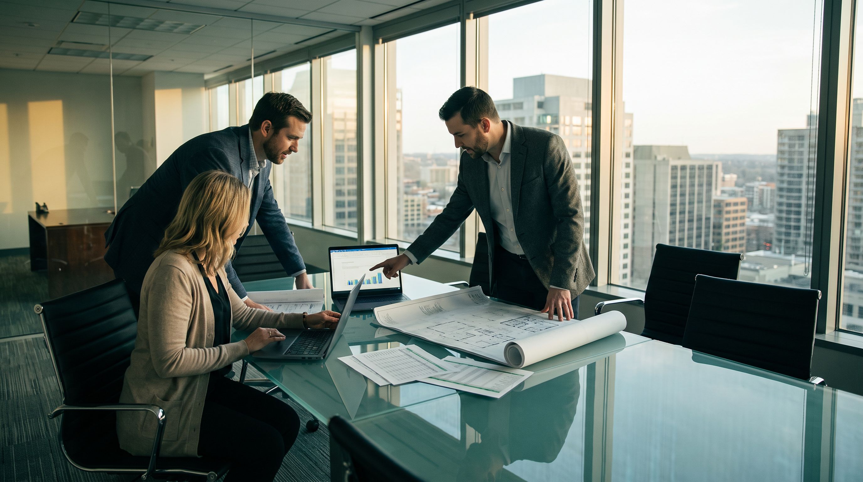 Brokers and an operations manager reviewing deal pipeline data on laptops in a commercial real estate office
